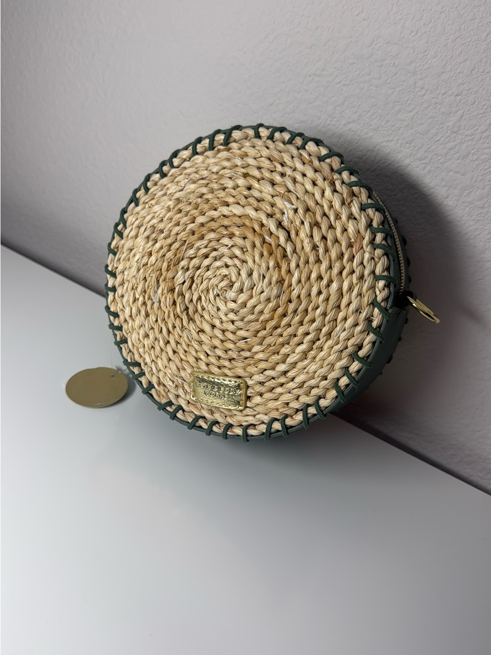 Straw Round Crossbody Bag with Green Trim